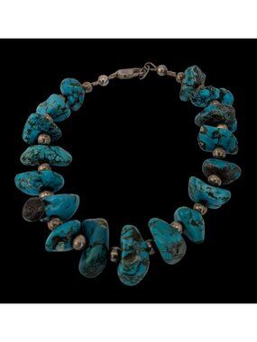 Vintage Handmade Turquoise & Sterling Silver Bracelet With Lobster Clasp